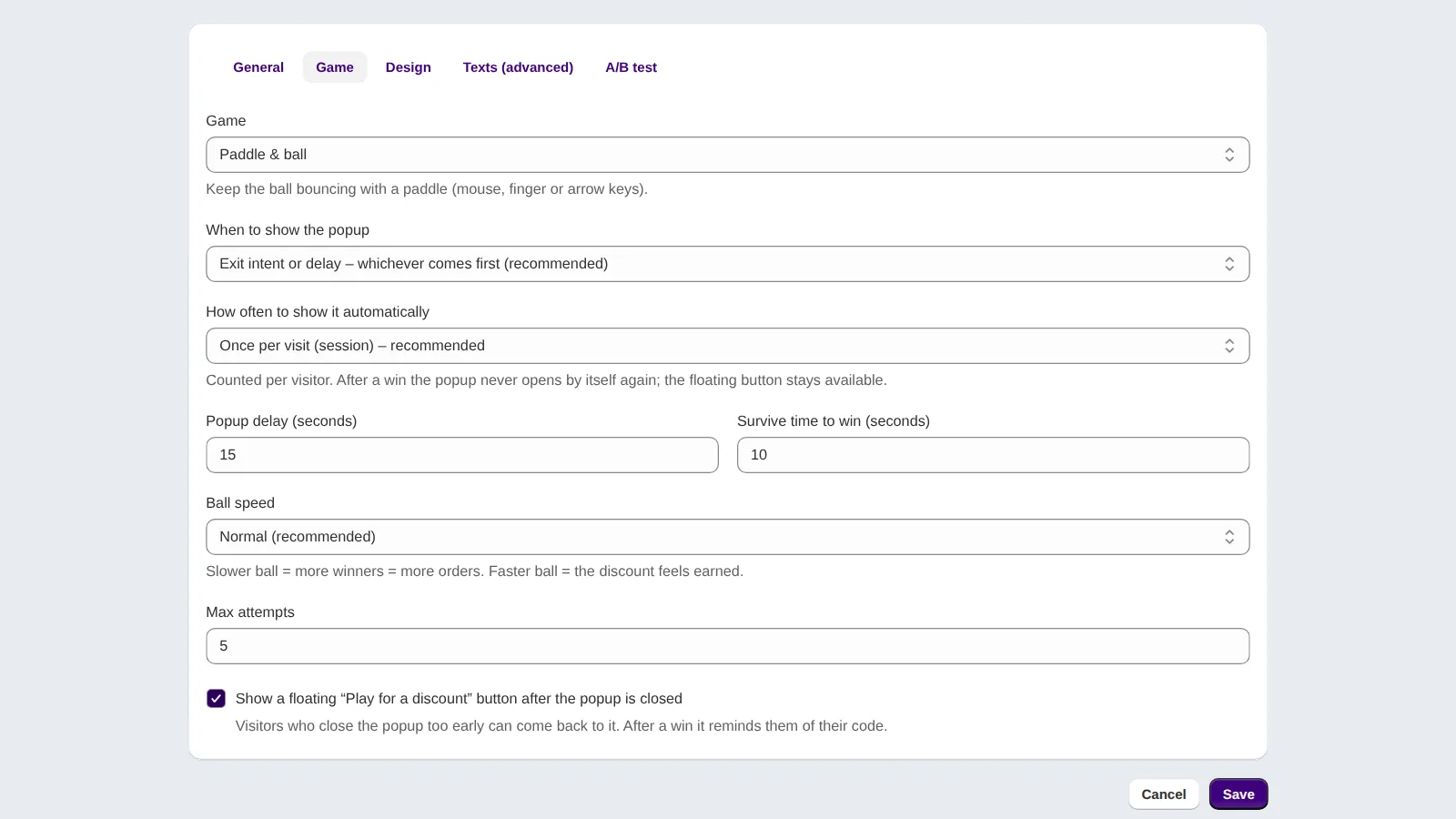 Kodra Play screenshot: Exit intent trigger and a floating reopen button